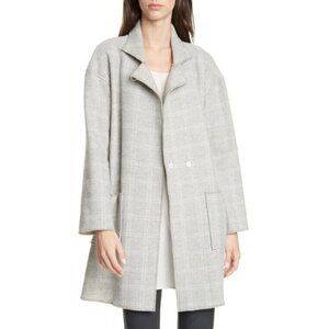 Eileen Fisher Plush Wool Blazer Jacket Sz Large Gray Plaid Overcoat Notch Collar